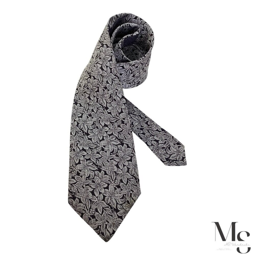 ANDREW'S TIES XL Silver Floral Silk Tie Made In Italy W: 3.75" EX COND